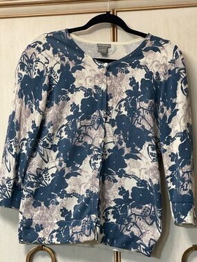 Ann Taylor Cream and Blue Floral Button Cardigan